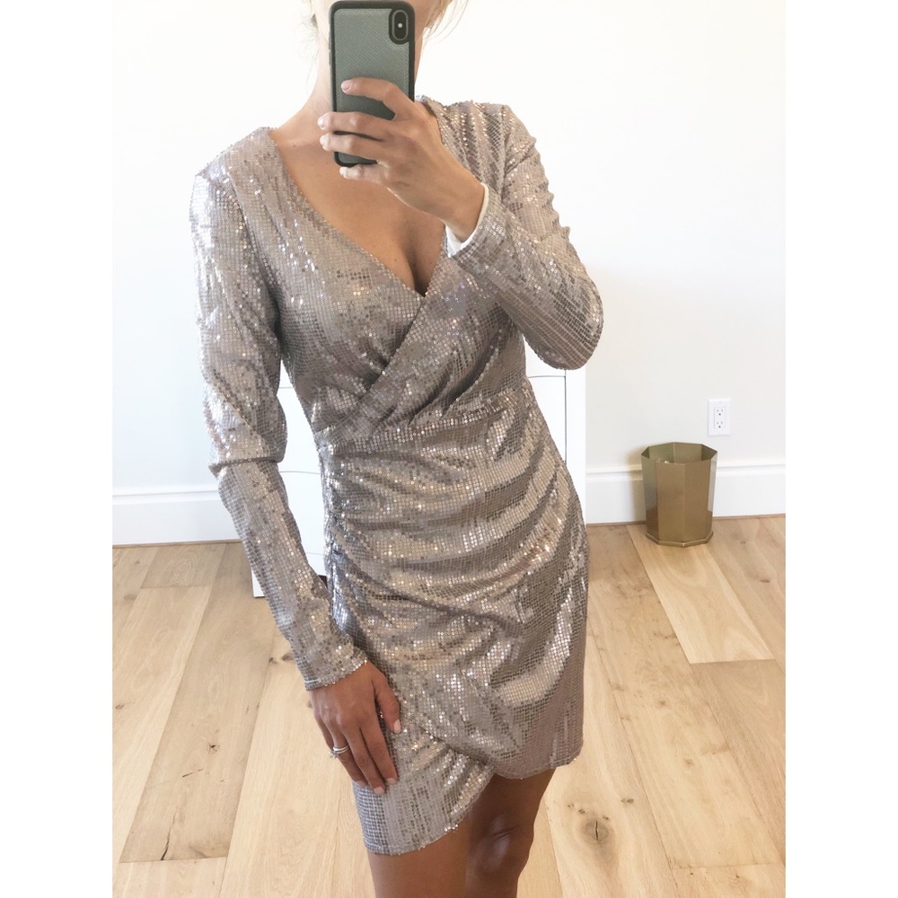 VEGAS Black Long Sleeve Sequin Surplice Dress - Picture 10 of 10